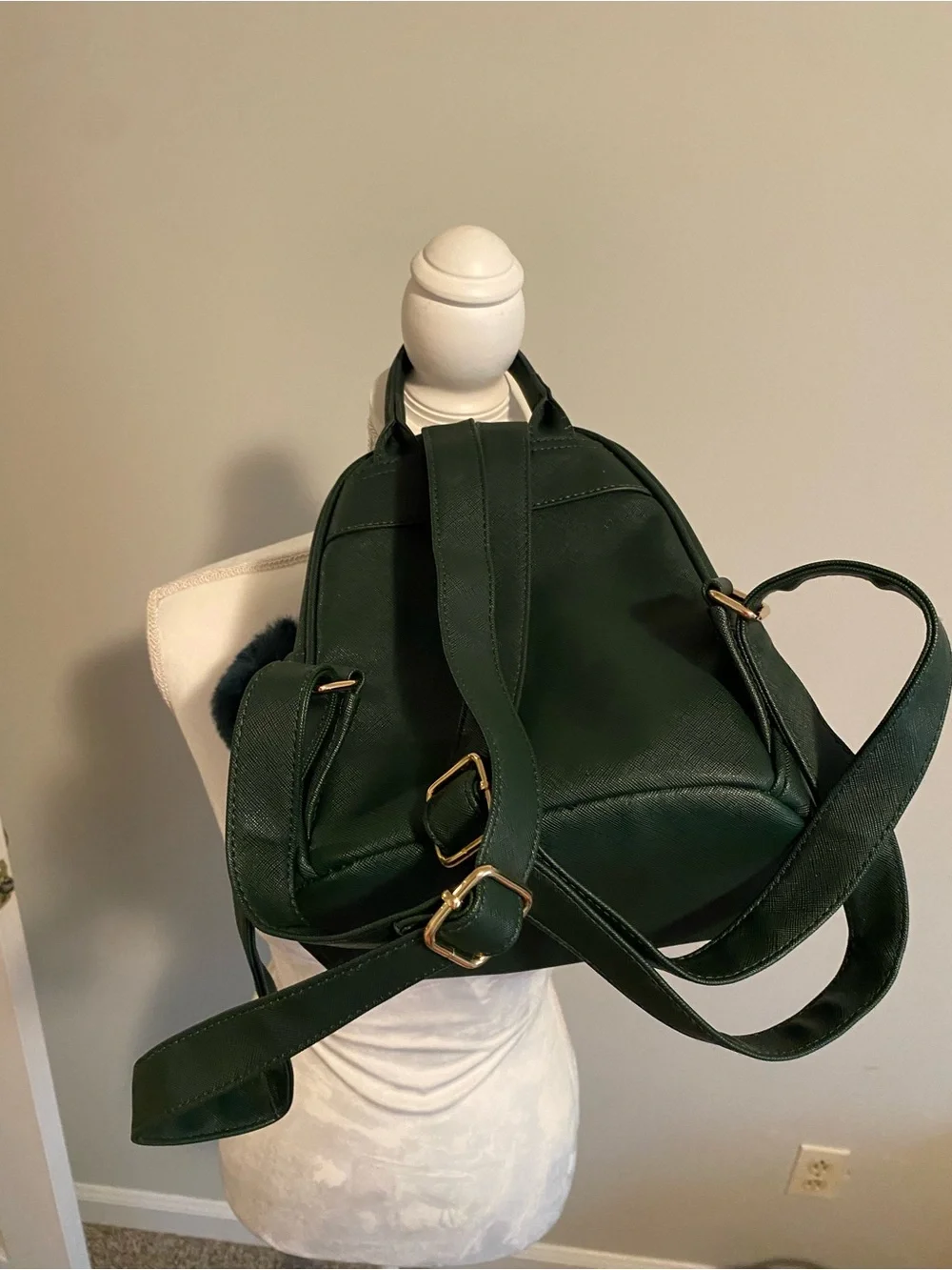 'Love' Embroidered Mini Backpack with Pom Accent in Dark Green